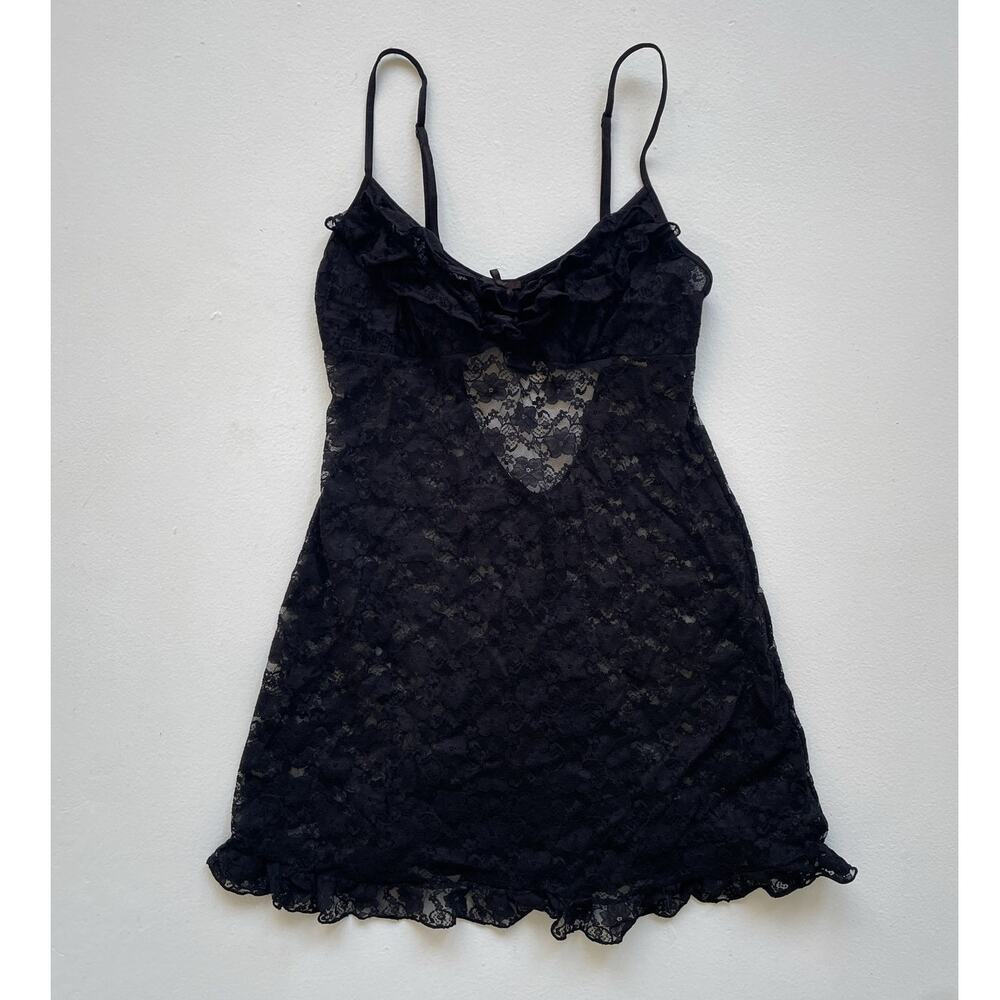 Black Lace Ruffle Coquette Babydoll Chemise Lingerie / S/P In Bloom by Jonquil